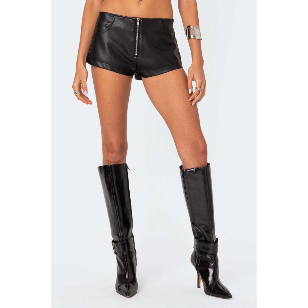 Edikted Black Faux Leather Front Zip Hot Pants Micro Shorts S16455 Womens Small